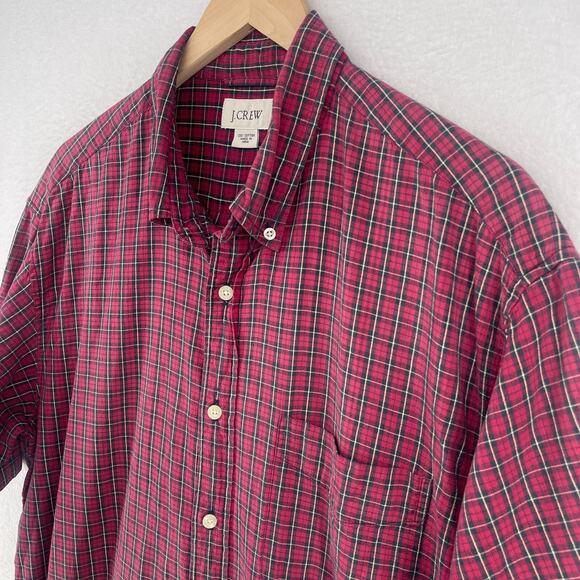 J.CREW Shirt Mens LT Tall Tartan Check Button Down Short Sleeve Cotton Red - Picture 1 of 12
